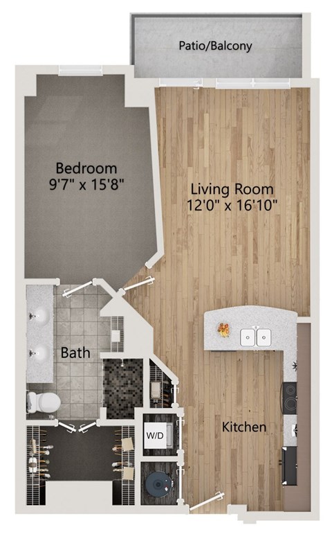 Floor plan for 1 bed, 1 bath, 809 sqft